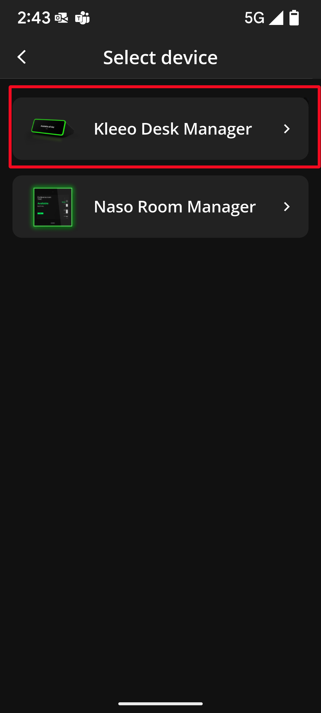 The select options for Naso and Kleeo devices under the Devices tab.